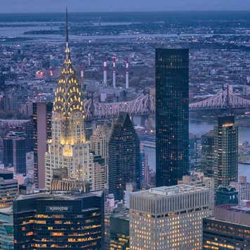 New York City skyline at dusk.