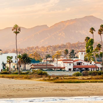 Santa Barbara beach with palm trees and city skyline at sunset, California, USA