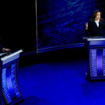 US Vice President Kamala Harris, right, and former US President Donald Trump during the second presidential debate at the Pennsylvania Convention Center in Philadelphia, Pennsylvania, US, on Tuesday, Sept. 10, 2024.