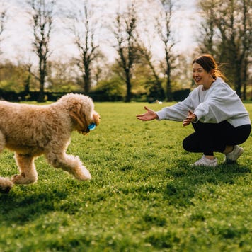 Woman playing fetch with her dog