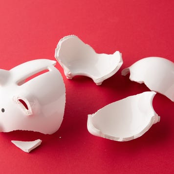 Broken whiter ceramic piggy bank in pieces on red surface