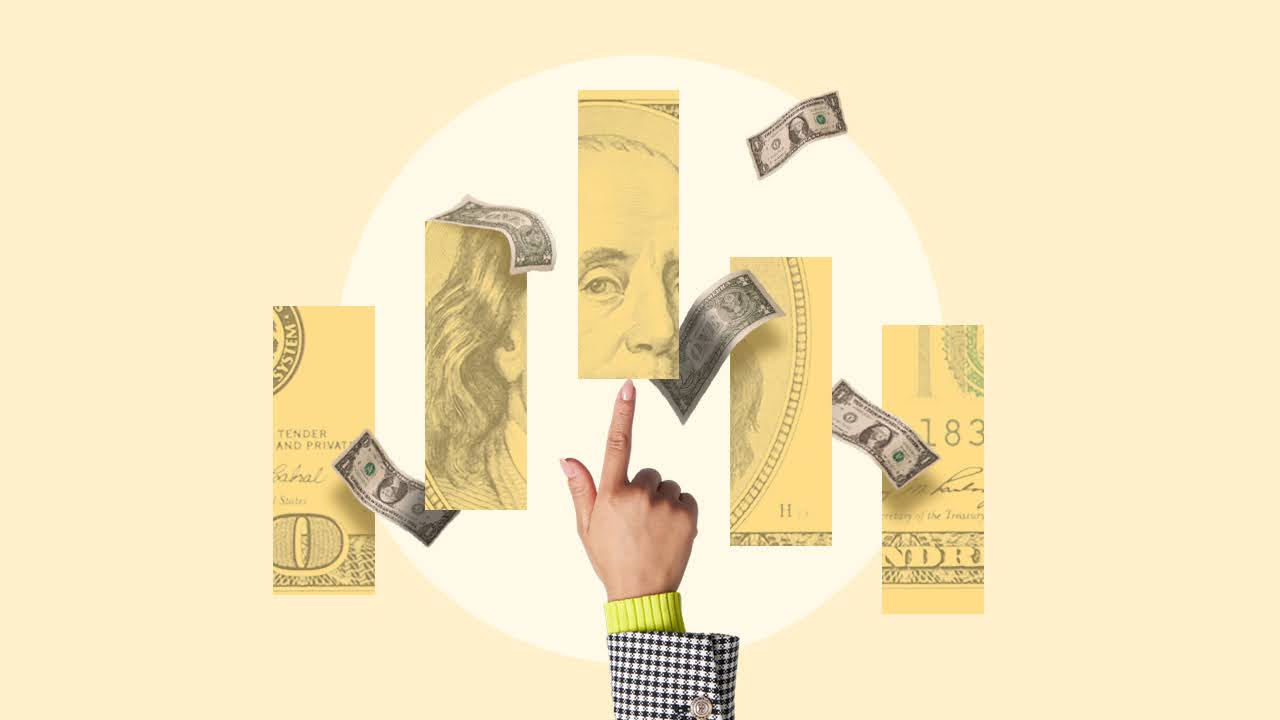 Design element of a hand pointing at U.S. currency