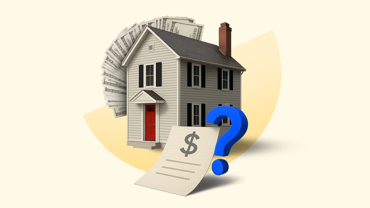 A stylized two-story house with a fan of money behind it and a piece of paper in front with a dollar sign on it and a blue question mark next to the paper.