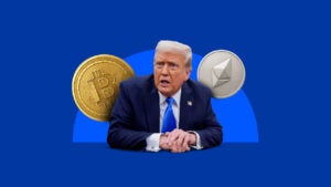 President Donald Trump on a blue background with coins depicting Bitcoin and Ethereum.