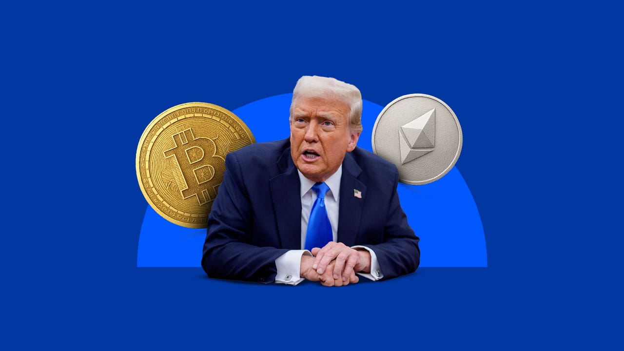 President Donald Trump on a blue background with coins depicting Bitcoin and Ethereum.