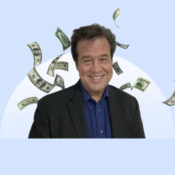 Author Denny Ceizyk with money falling behind him on a blue background with a half moon light blue design