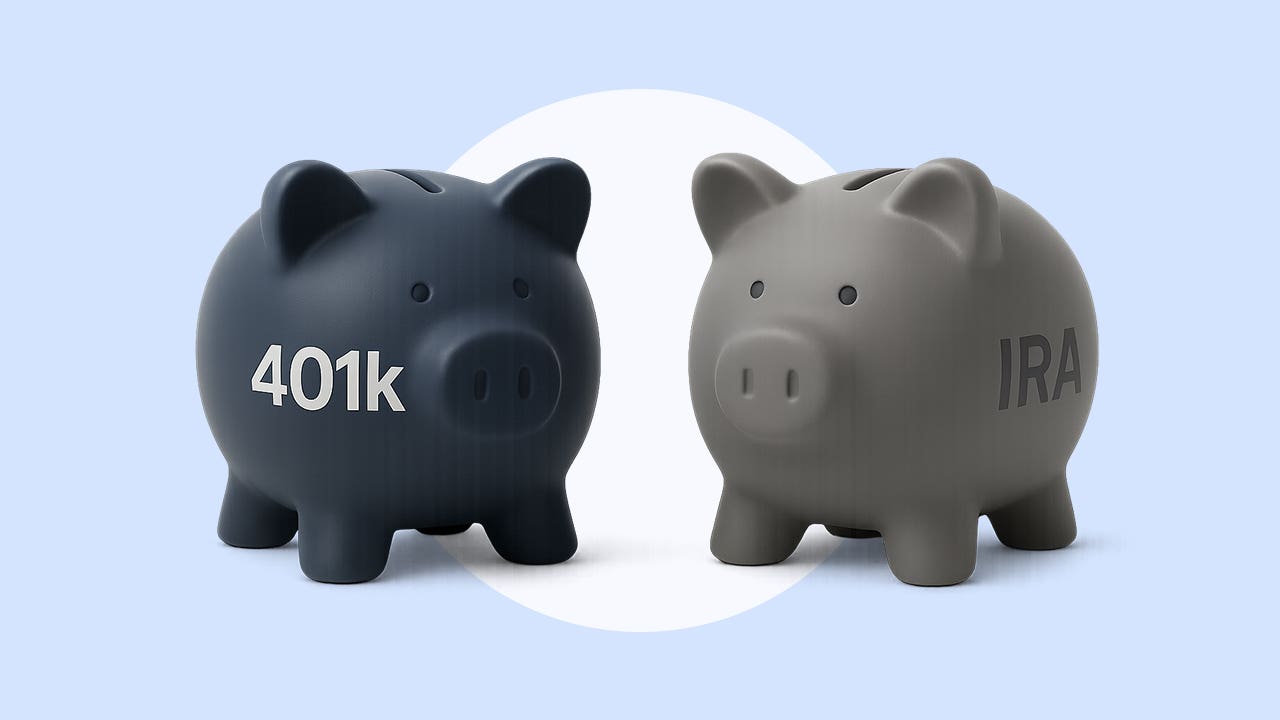 A gray piggy bank labeled IRA faces a black piggy bank labeled 401(k) on a blue background.