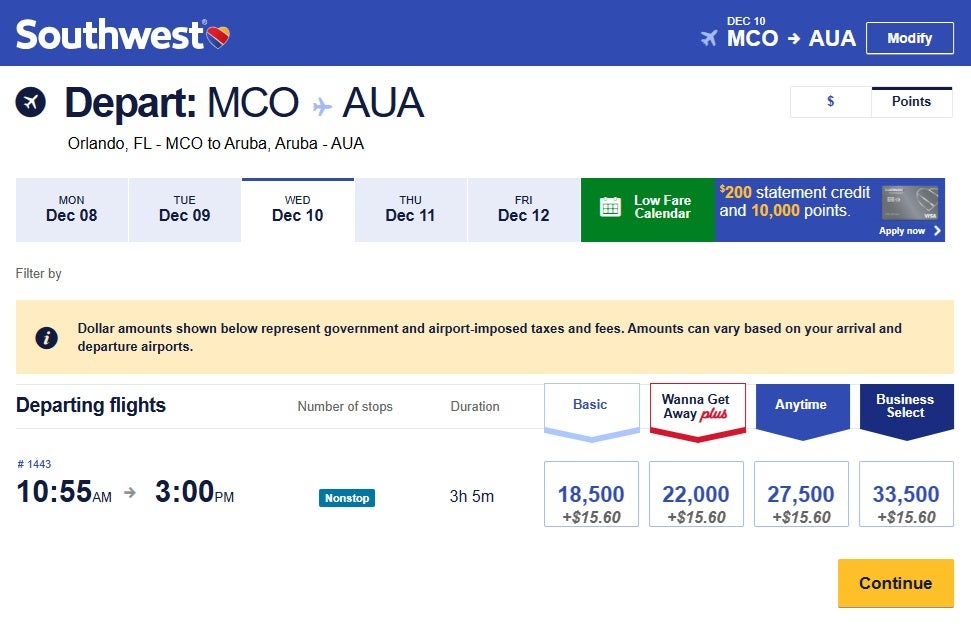 Example of available flights bookable on points with Southwest
