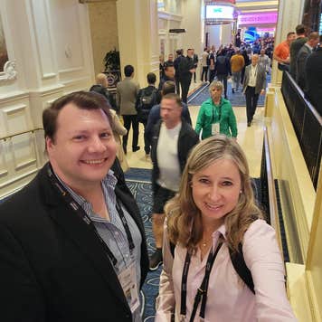 Bankrate writer Karen Bennett and editor Marc Wojno pose in a selfie at the Money 20/20 conference in Las Vegas.