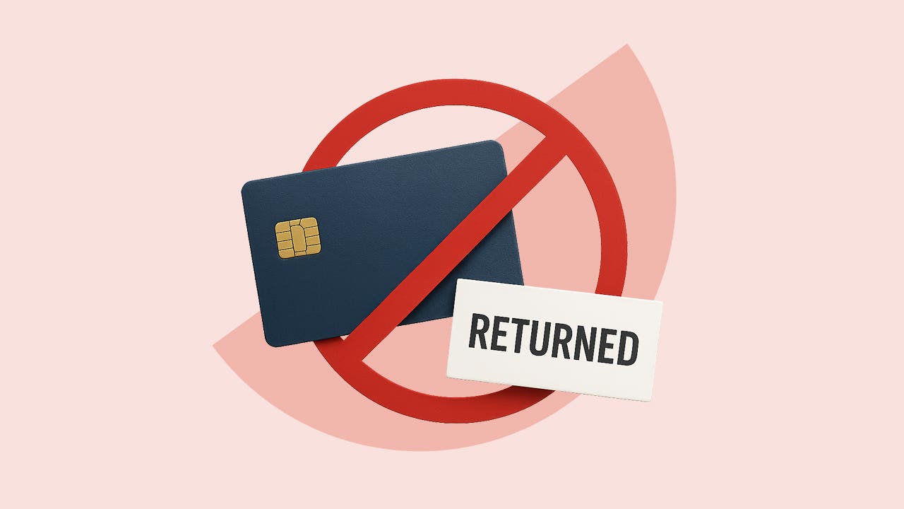 A credit card with a crossed-out sign saying "returned"