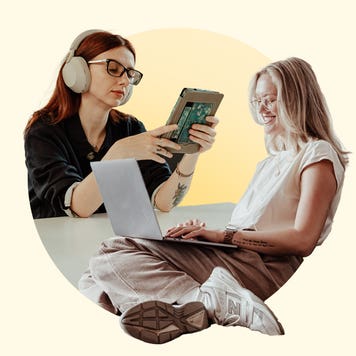 Photos of Ana Staples and Katie Kelton, talking to credit card pros.