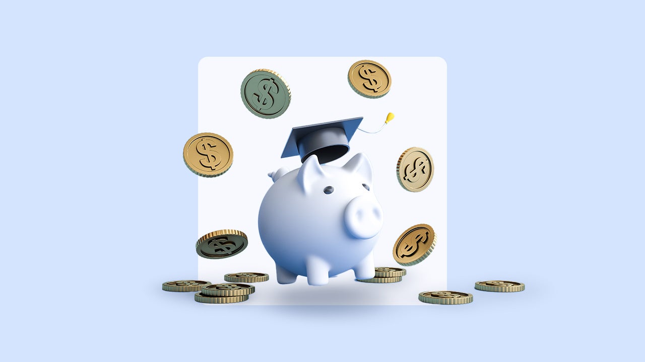 piggy bank wearing graduation cap surrounded by coins with dollar symbols in them