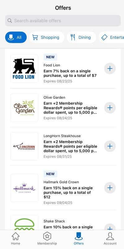 Screenshot from Amex mobile app
