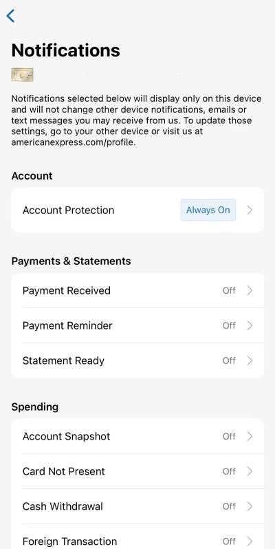 Screenshot of Amex mobile app