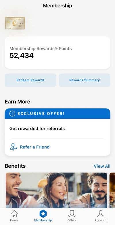 Screenshot of Amex mobile app