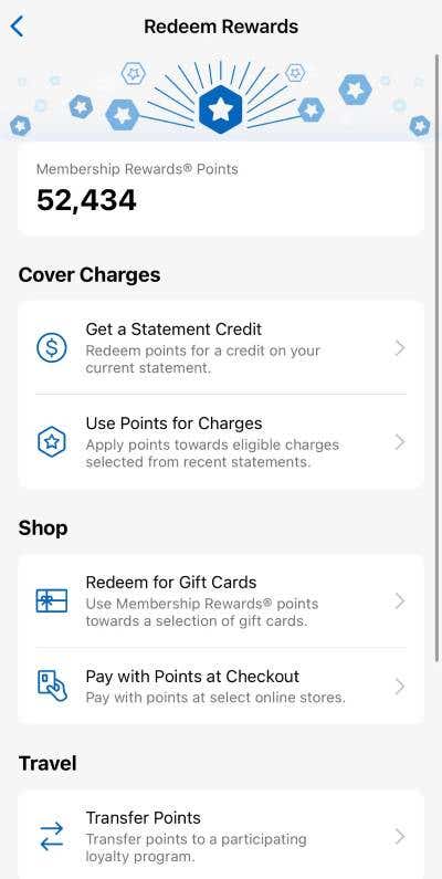 Screenshot of Amex mobile app