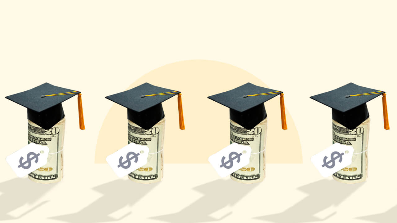 An illustration of four rolls of twenty dollar bills with graduation caps on