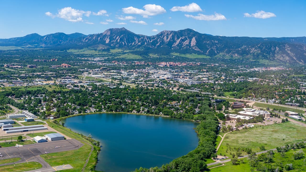 Aerial photo above Boulder Colorado on a clear day looking southwest at Hayden Lake