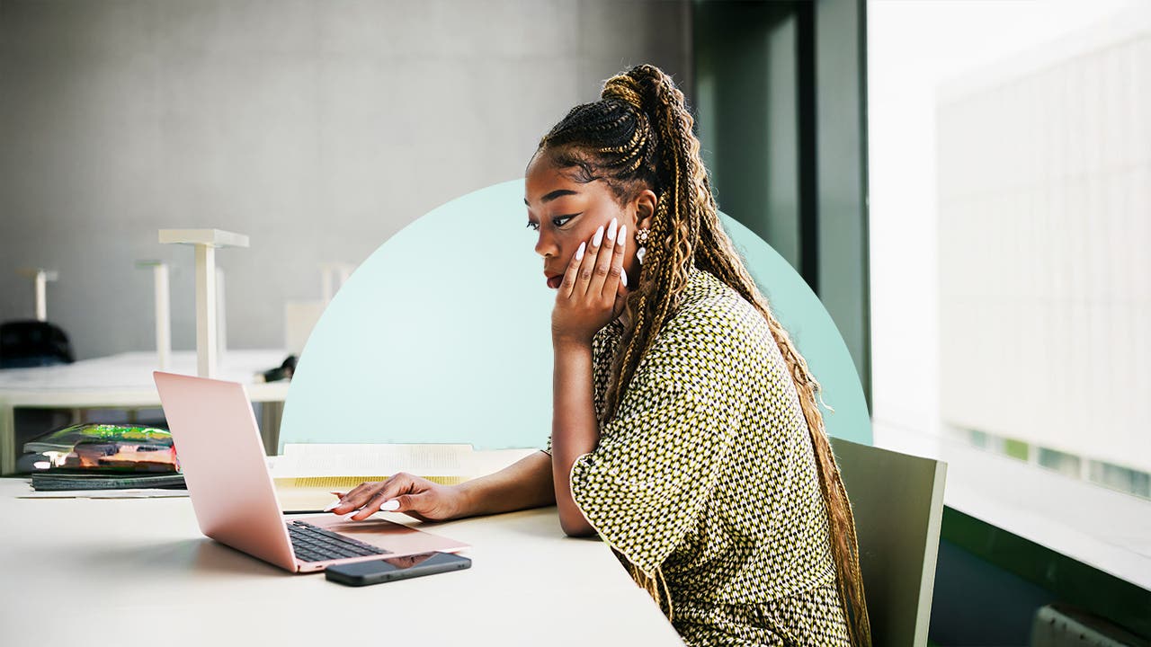 A young Black woman looks thoughtfully at her laptop with an illustrated half-circle background.