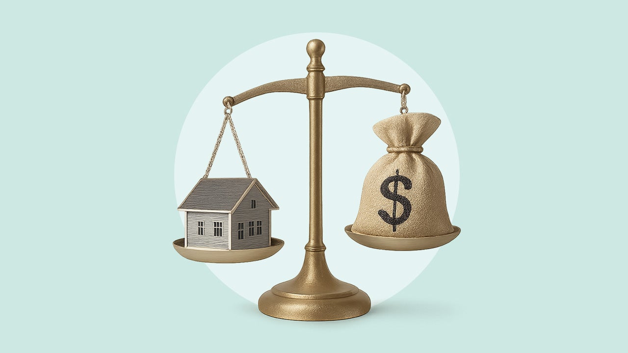 Home and a money bag balancing on a scale