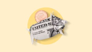 A graphic of origami of a dollar bill folded to look like a piggy bank with a penny on top.