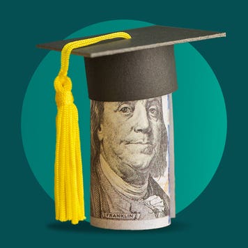 Design element of a rolled up dollar bill with a graduation cap on top.
