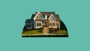 Picture of a house against a teal background.