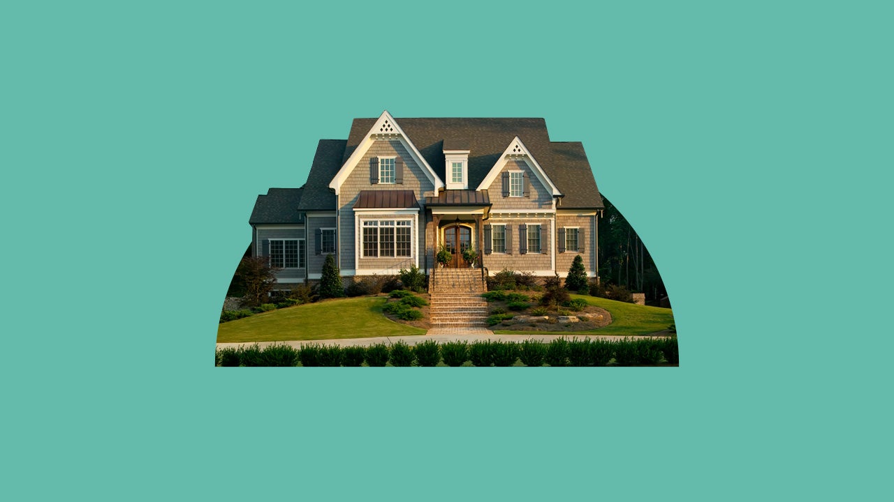 Picture of a house against a teal background.