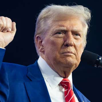 President-elect Donald Trump raises his fist while speaking.