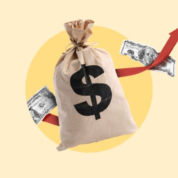 A bag with a dollar symbol on it and arrow pointing up and to the right with an illustrated yellow background and a single dollar bill on the left and a single hundred dollar bill on the right