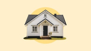 photo illustration of small white house with pale yellow background