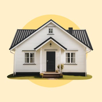 photo illustration of small white house with pale yellow background