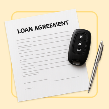 A loan contract without any text. There is a car key fob and a pen laying next to it.