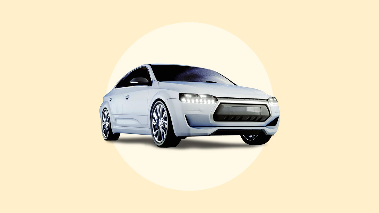 A silver sedan against a stylized yellow background