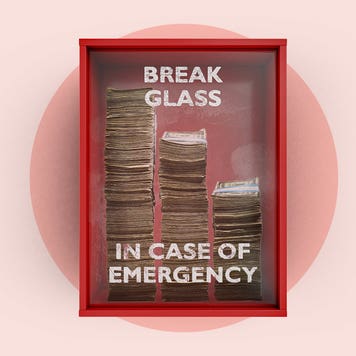 Design element of a fire alarm that says break glass in case of emergency with stacks of cash inside