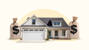 photo illustration of a house with giant moneybags