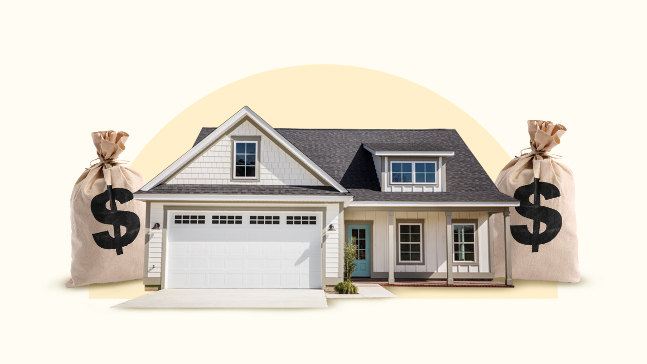 photo illustration of a house with giant moneybags