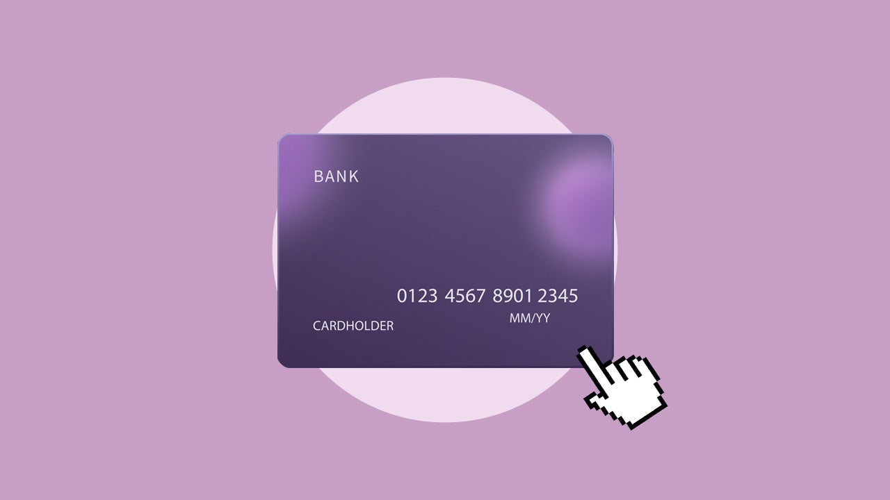 Design element displaying a illustrated credit card with a mouse cursor clicking on it.