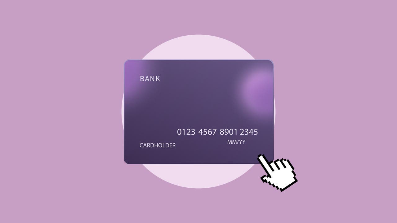 Design element displaying a illustrated credit card with a mouse cursor clicking on it.