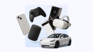 iPhone, Tesla and other electronic devices float on a blue background.