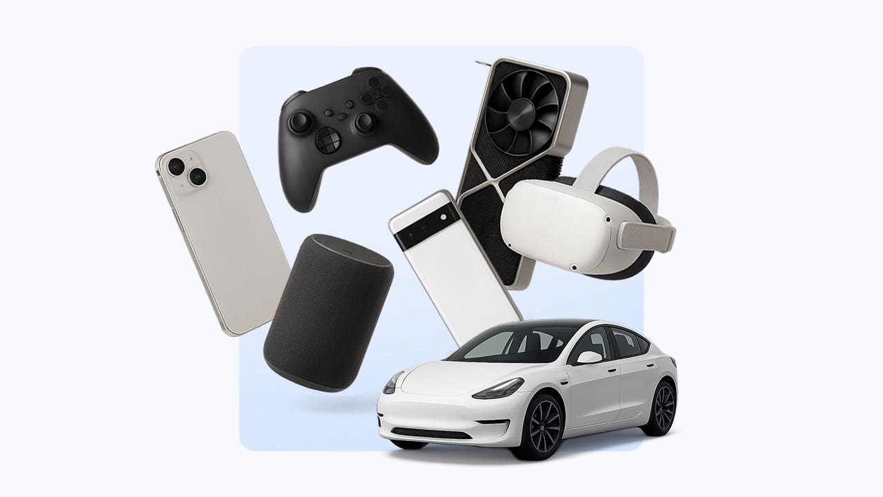 iPhone, Tesla and other electronic devices float on a blue background.