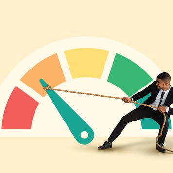 The graphic depicts a range intended to reflect credit score ranges, with an African American male using a rope to pull the gauge toward the higher end of the range