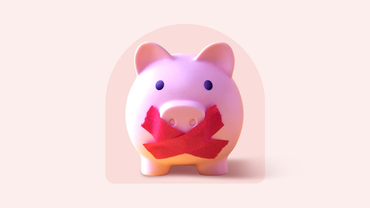 Design element of a piggy bank with it's mouth tapped shut.