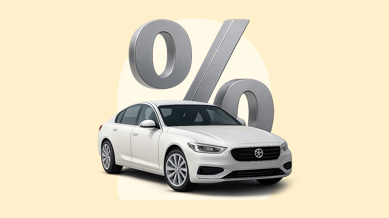 A white sedan with a large percent symbol behind it. Image is on a light yellow background.