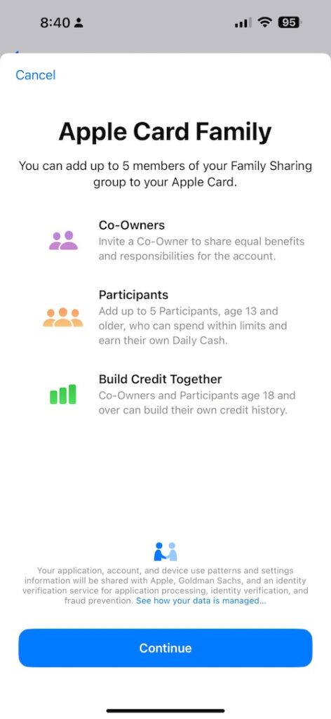 iPhone screenshot showing the options for sharing an Apple Card. 