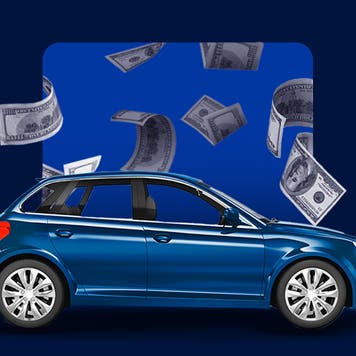 blue vehicle shown with dollar bills falling down onto it