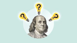 An stylized portrait of Benjamin Franklin with three lightbulbs, with question marks inside them, floating around his head.