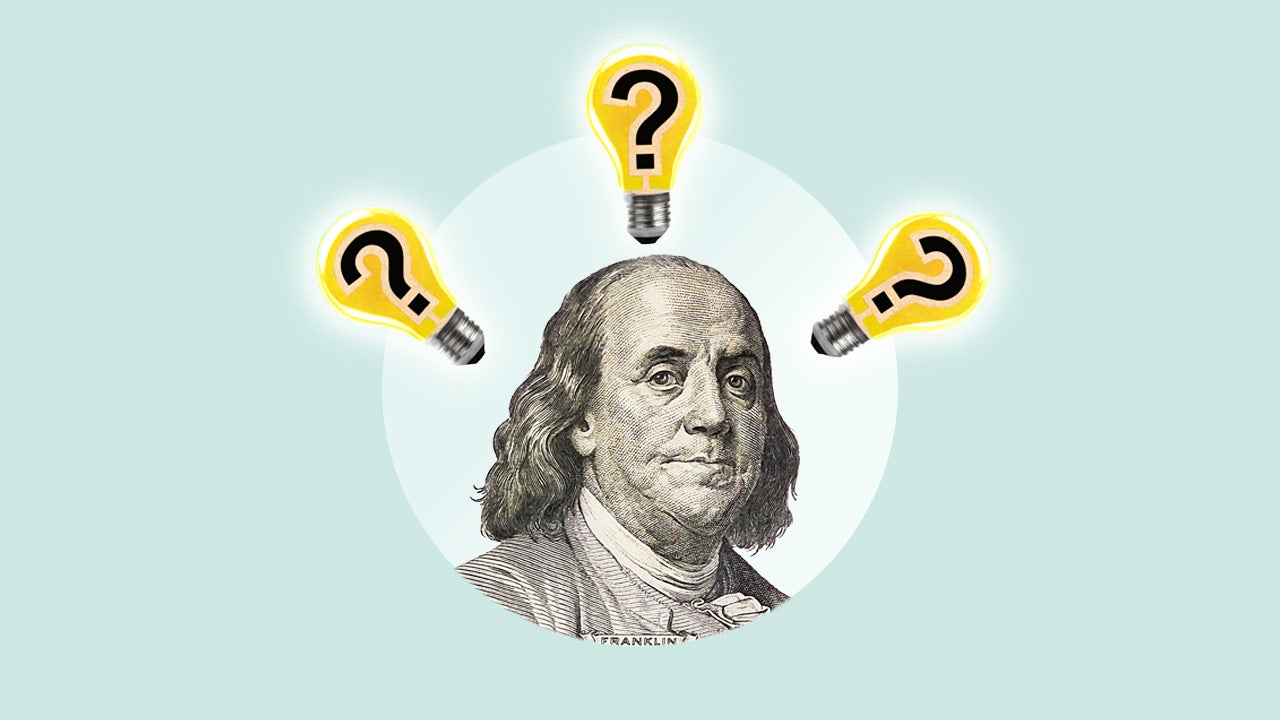 An stylized portrait of Benjamin Franklin with three lightbulbs, with question marks inside them, floating around his head.