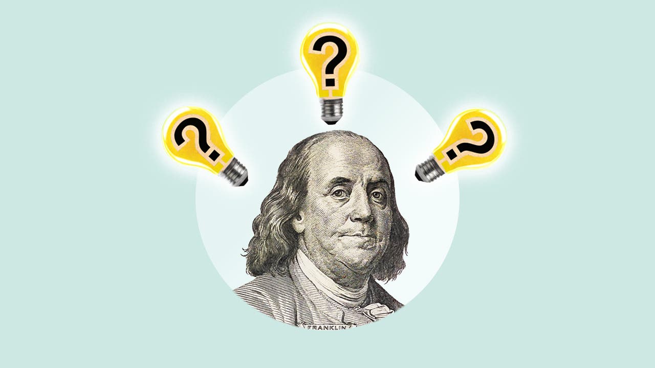 An stylized portrait of Benjamin Franklin with three lightbulbs, with question marks inside them, floating around his head.