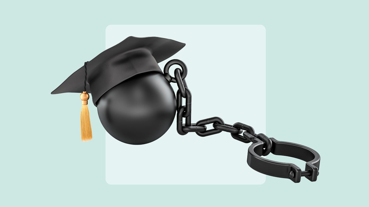 A ball and chain wearing a graduation cap